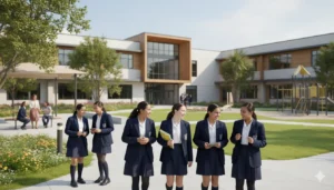 Bais Sarah Educ School for Girls campus with students and teachers in a photorealistic setting